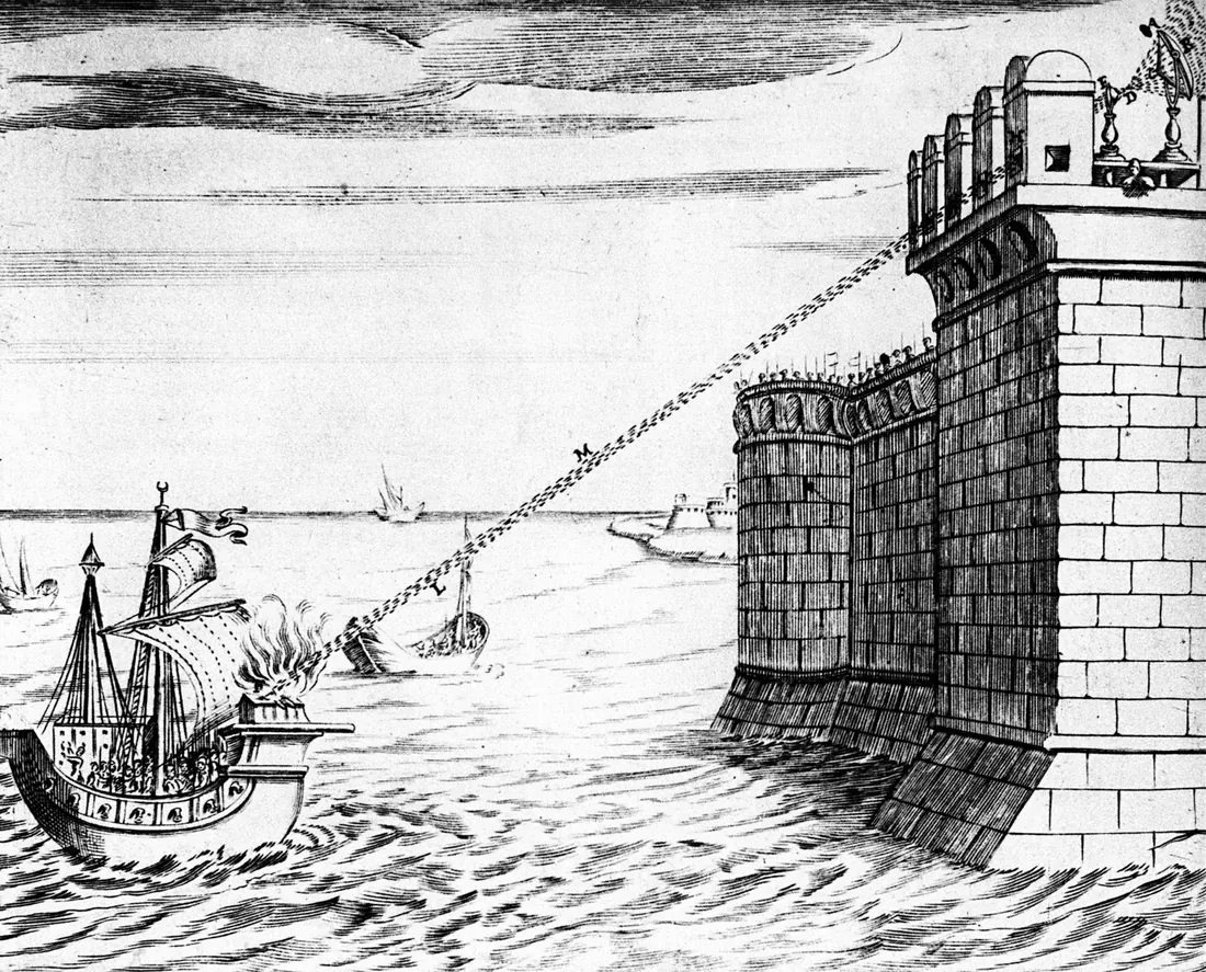 An old engraving of Archimedes' burning mirrors setting fire to Roman ships besieging Syracuse