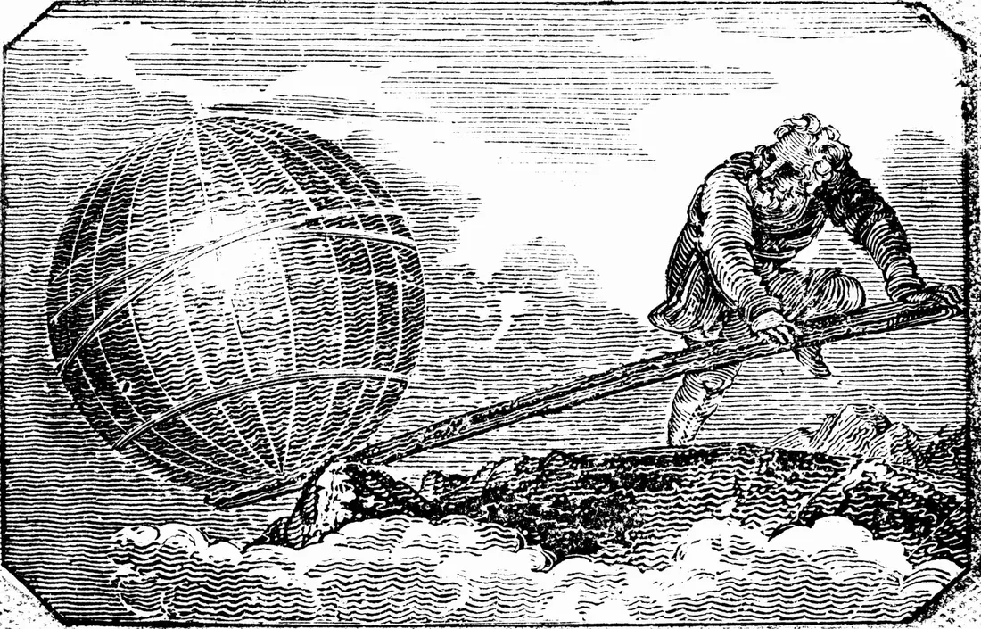 An old engraving of Archimedes levering the Earth with a long pole